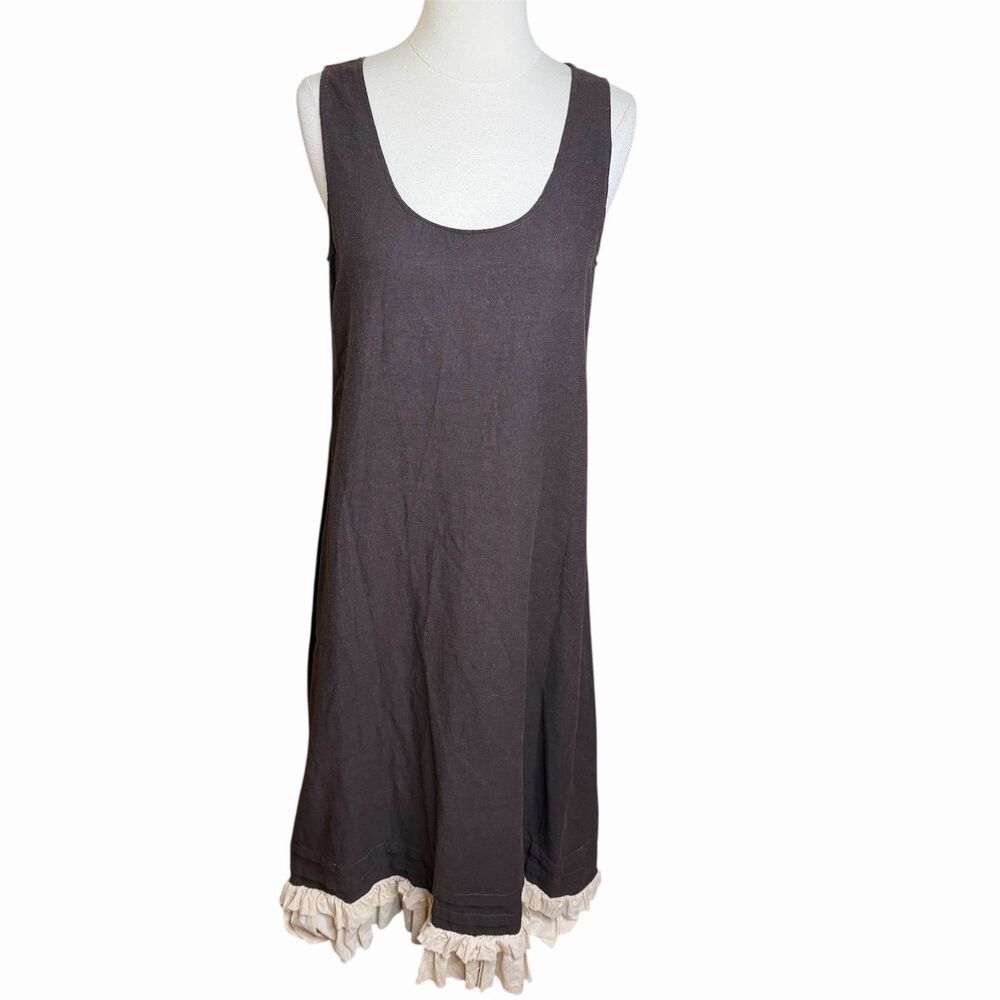 Ragged Thistle Linen Sleeveless Ruffle Hem Dress Brown Womens M Cottagecore Boho